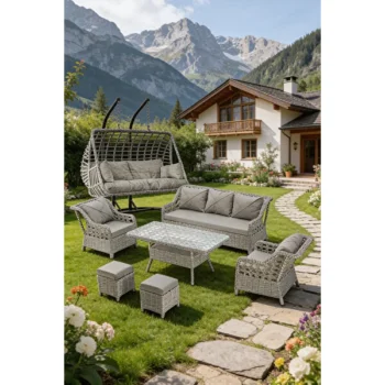 Btk Concept Datça 7 Kişilik Rattan Bahçe Mobilyası Ve 2 Kişilik Rattan Salıncak Seti - Gri(siyah çizgili)