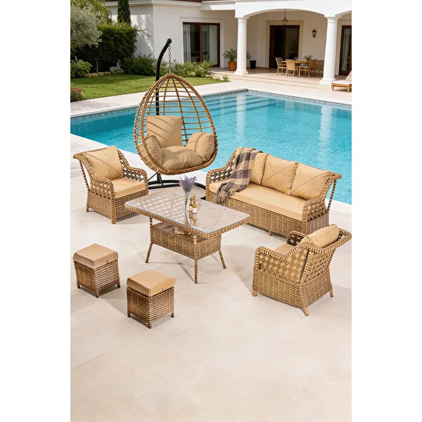 Btk Concept Lupa Eslem Rattan Bahçe Mobilyası 3+1+1 Puf Ve Salıncak Dahi̇l" Masalı Garanti̇li̇ Kahverengi
