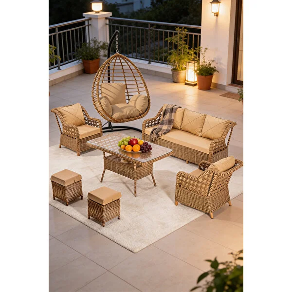 Btk Concept Lupa Eslem Rattan Bahçe Mobilyası 3+1+1 Puf Ve Salıncak Dahi̇l" Masalı Garanti̇li̇ Kahverengi - Görsel 3