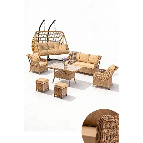 Btk Concept Datça 7 Kişilik Rattan Bahçe Mobilyası Ve 2 Kişilik Rattan Salıncak Seti - Kahverengi̇(siyah çizgili) - Görsel 3