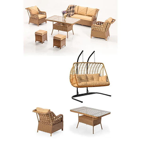 Btk Concept Datça 7 Kişilik Rattan Bahçe Mobilyası Ve 2 Kişilik Rattan Salıncak Seti - Kahverengi̇(siyah çizgili) - Görsel 6