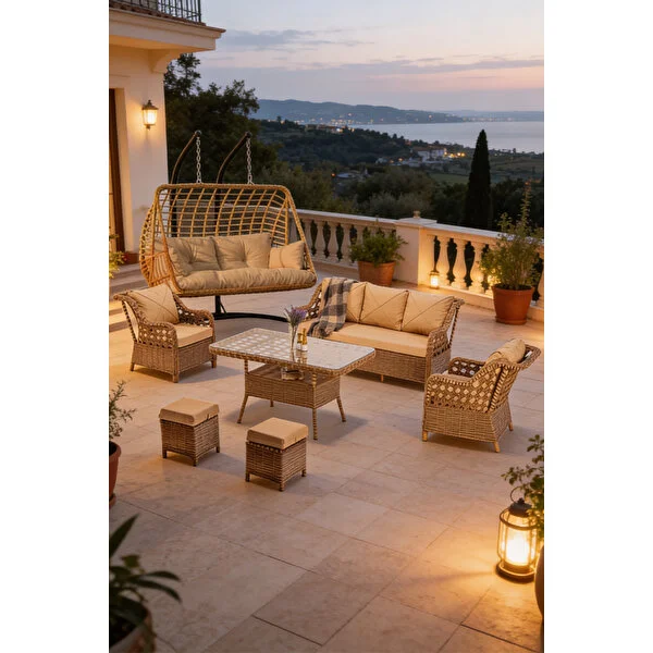 Btk Concept Datça 7 Kişilik Rattan Bahçe Mobilyası Ve 2 Kişilik Rattan Salıncak Seti - Kahverengi̇(siyah çizgili)