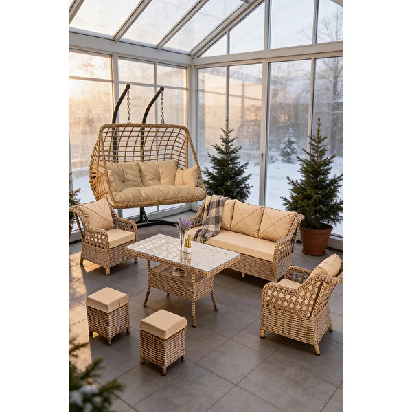 Btk Concept Datça 7 Kişilik Rattan Bahçe Mobilyası Ve 2 Kişilik Rattan Salıncak Seti - Kahverengi̇(siyah çizgili) - Görsel 7