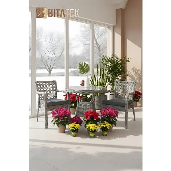 Btk Concept Alaçatı 2 Kişilik Rattan Bahçe Balkon Mutfak Masa Takımı Açık Gri