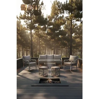 Btk Concept Milano Rattan Puflu Bahçe Balkon Takımı 3+1+1+camlı Masa Gri ( siyah çizgili)