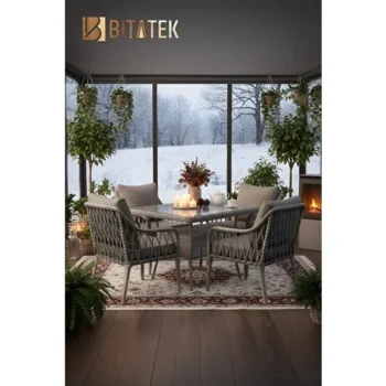 Btk Concept Pars 4 Kişilik Rattan Bahçe Balkon Mutfak Masa Takımı Gri